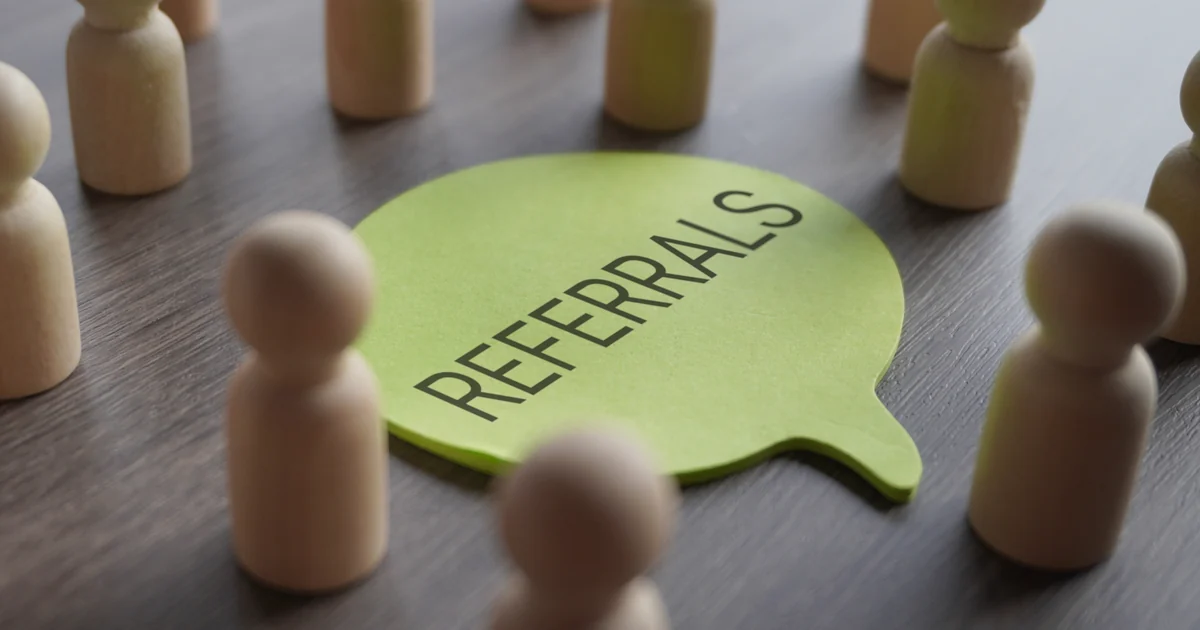 Infographic-style image showing the 20/20 corporate LMS customer referral program with 20% savings and referral credits