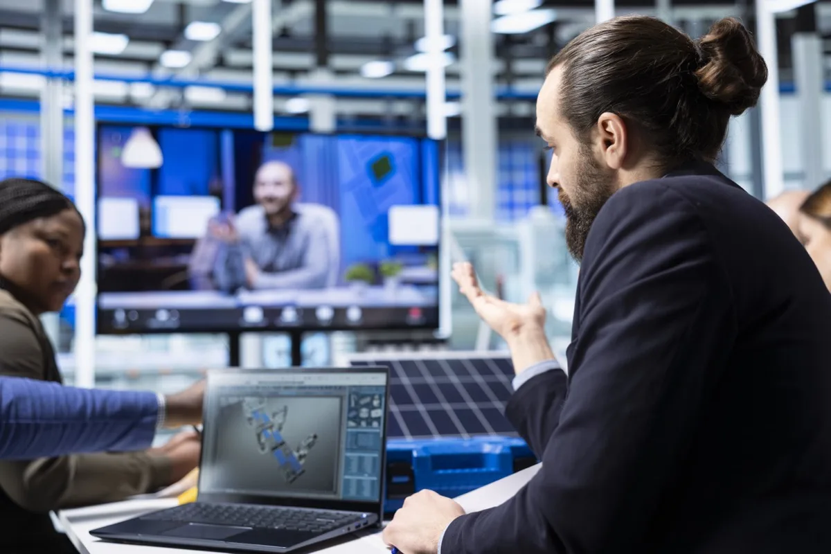 A professional presenting training and skills data during a hybrid team meeting.