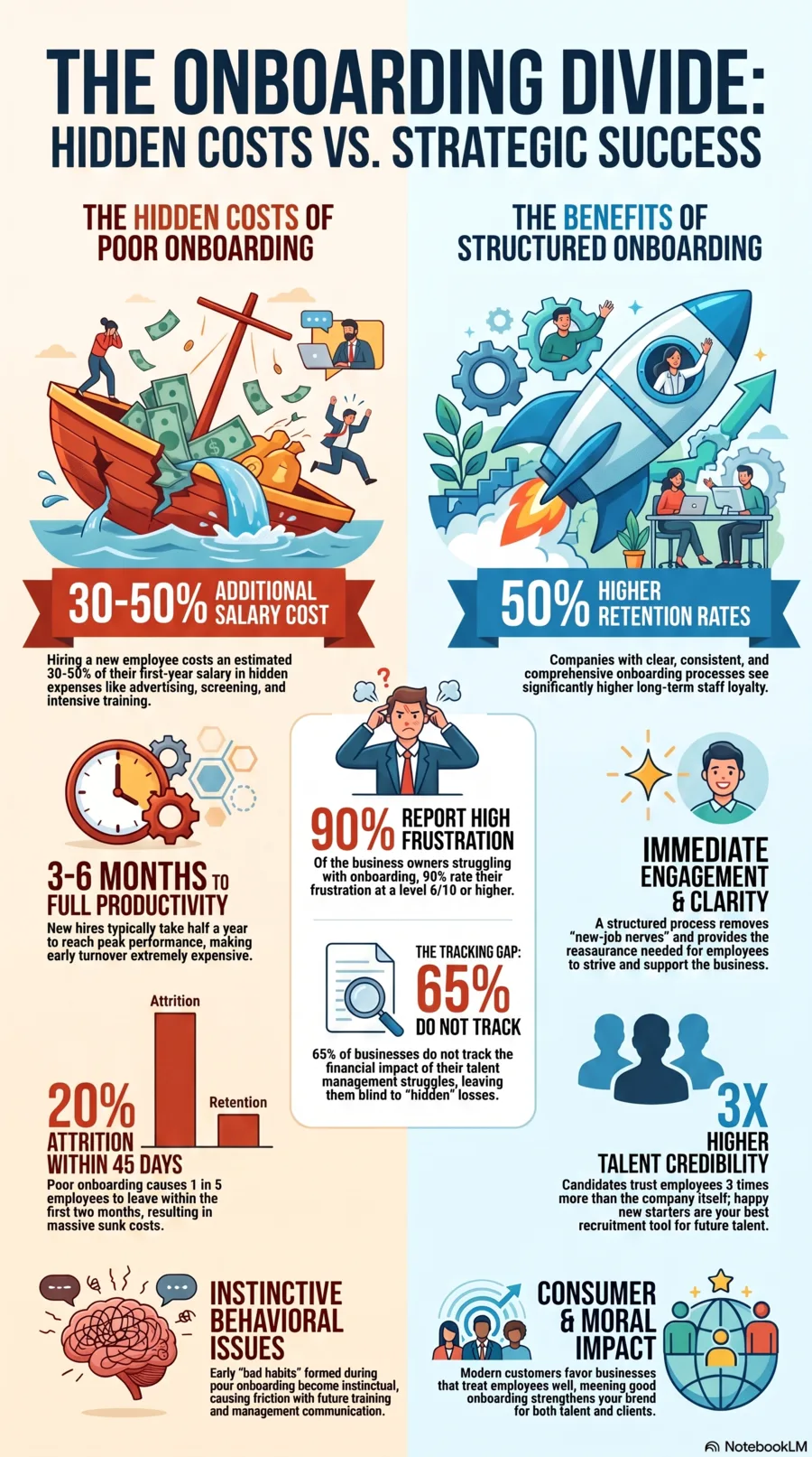 Employee onboarding LMS hidden costs infographic comparing poor onboarding costs with structured onboarding benefits